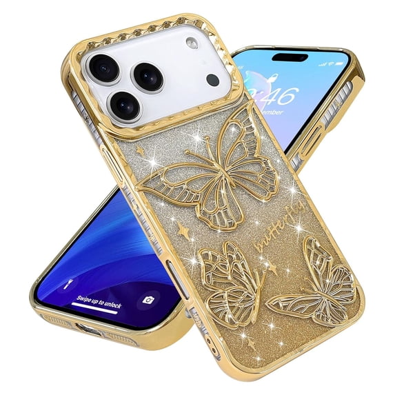Poweltek Glitter Butterfly Phone Case for iPhone 13 Pro Max, 2 in 1 Gradient Bling Paper Luxury Plated Slim Soft TPU Shockproof Protective Cover for Women Girls, Gold