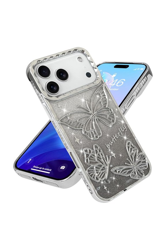 Glitter Butterfly Phone Case for iPhone 16 Pro Max, 2 in 1 Gradient Bling Paper Luxury Plated Slim Soft TPU Shockproof Protective Cover for Women Girls, Silver