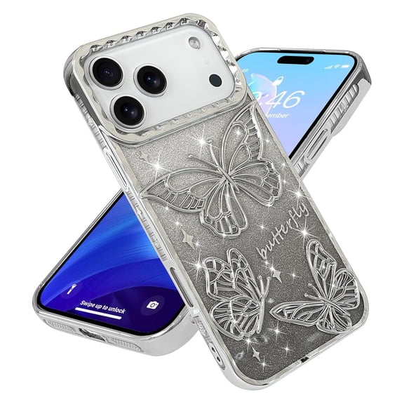 Poweltek Glitter Butterfly Phone Case for iPhone 17 Pro, 2 in 1 Gradient Bling Paper Luxury Plated Slim Soft TPU Shockproof Protective Cover for Women Girls, Silver