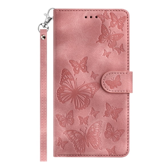 Poweltek For Google Pixel 10 /10 Pro Butterfly Embossed Wallet Phone Case with Kickstand, Magnetic Shockproof PU Leather Card Slots Flip Cover with Wrist Strap, Pink
