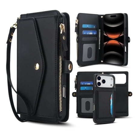 Poweltek Magnetic Crossbody Zipper Wallet Card Pocket Case for Samsung Galaxy S26 Ultra, Shockproof 2-in-1 Detachable Card Slots PU Leather RFID Blocking Wrist Strap Cover, Black