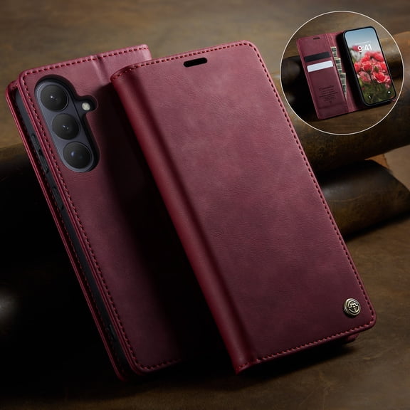 Poweltek Magnetic Wallet Case for Samsung Galaxy S26, Shockproof with RFID Blocking Card Holder PU Leather Flip Cover with Stand, Red