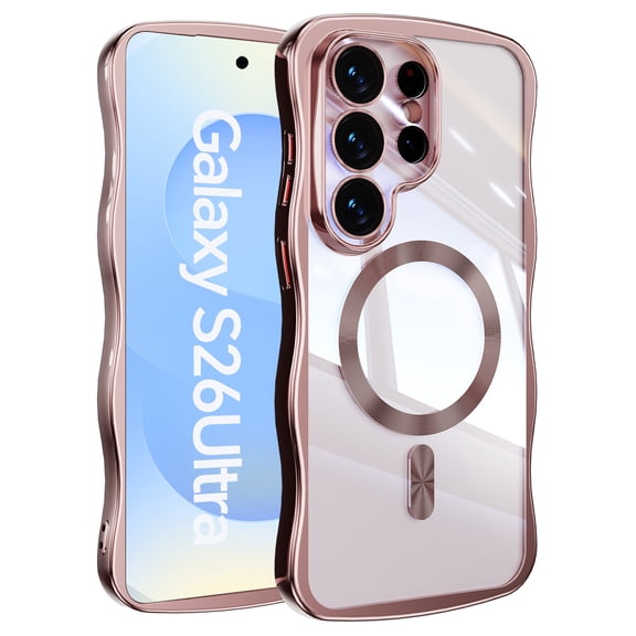 Poweltek Plating Case for Samsung Galaxy S26, Shockproof Magnetic Cute Wave Frame Slim Lightweight TPU Rubber Phone Cover with Wireless Charging, Pink
