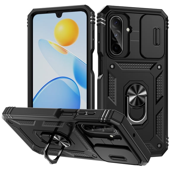 Poweltek Rotatable Ring Stand Case For Samsung Galaxy A56 5G, Shockproof Slide Lens Protection Heavy-Duty Hard PC TPU Dual‑Layer Rugged Cover, Black