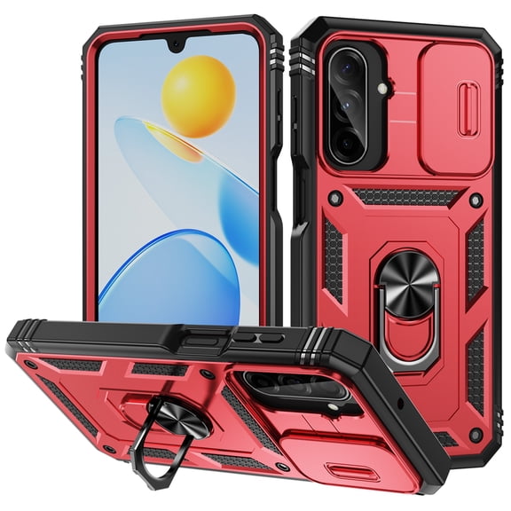 Poweltek Rotatable Ring Stand Case For Samsung Galaxy A36 5G, Shockproof Slide Lens Protection Heavy-Duty Hard PC TPU Dual‑Layer Rugged Cover, Red+Black