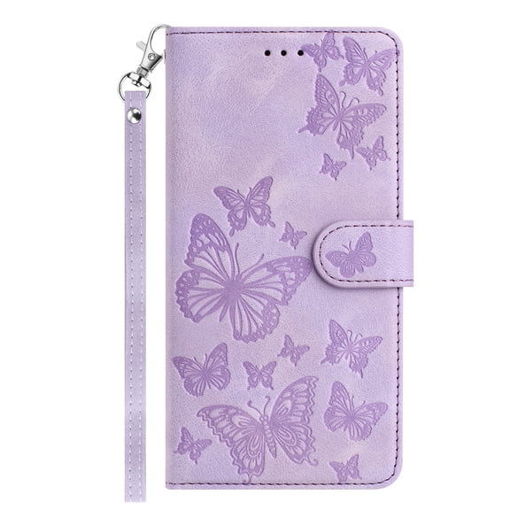 Poweltek For Samsung Galaxy S26 Plus Butterfly Embossed Wallet Phone Case with Kickstand, Magnetic Shockproof PU Leather Card Slots Flip Cover with Wrist Strap, Purple