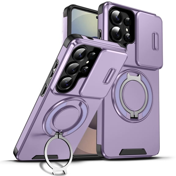 Poweltek for Samsung Galaxy S26 Ultra Case with Magnetic Ring Kickstand Cover, Shockproof Heavy Duty Rugged Slide Lens Protection Hybrid PC+TPU Phone Cover, Purple