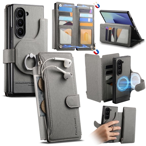 Poweltek For Samsung Galaxy Z Fold 7 Flip Case with Built-in Grip Ring, Shockproof Zipper Wallet Card Slots Magnetic Detachable Anti-Scratch Protective Phone Cover, Gray
