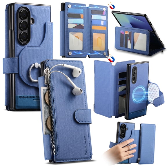 Poweltek For Samsung Galaxy Z Fold 7 Flip Case with Built-in Grip Ring, Shockproof Zipper Wallet Card Slots Magnetic Detachable  Anti-Scratch Protective Phone Cover, Blue