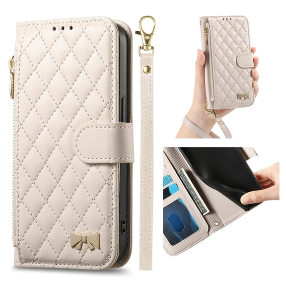 Poweltek for iPhone 14 Pro Max PU Leather Wallet Case with Card Holder, Magnetic Flip Zipper Phone Cover with Wrist Strap Multi-Angle Stand Folio Cover, White