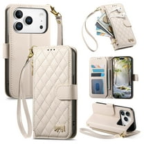 Poweltek for iPhone 17 Pro Max PU Leather Wallet Case with Card Holder, Magnetic Flip Zipper Phone Cover with Wrist Strap Multi-Angle Stand Folio Cover, White