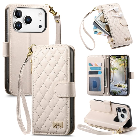Poweltek for iPhone 17 Pro Max PU Leather Wallet Case with Card Holder, Magnetic Flip Zipper Phone Cover with Wrist Strap Multi-Angle Stand Folio Cover, White