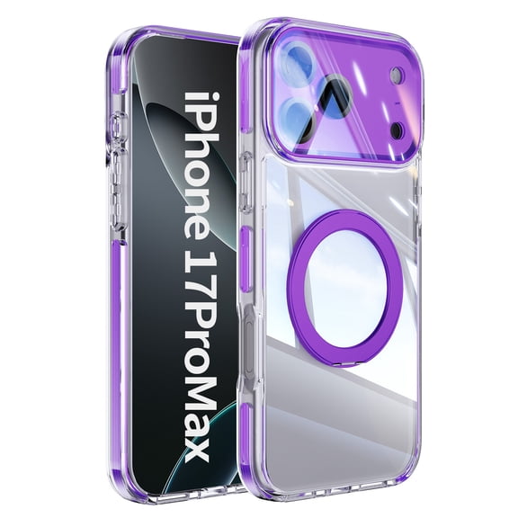 Poweltek For iPhone 17 Pro Max Shockproof Plating Back Cover Case with 360 Rotatable Ring Kickstand Anti-Scratch Lightweight Protective PC+TPU Case, Darkpurple