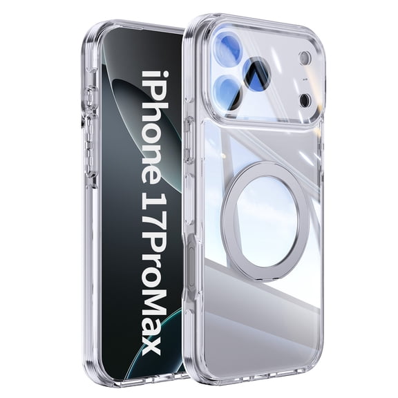 Poweltek For iPhone 17 Pro Max Shockproof Plating Back Cover Case with 360 Rotatable Ring Kickstand Anti-Scratch Lightweight Protective PC+TPU Case, White