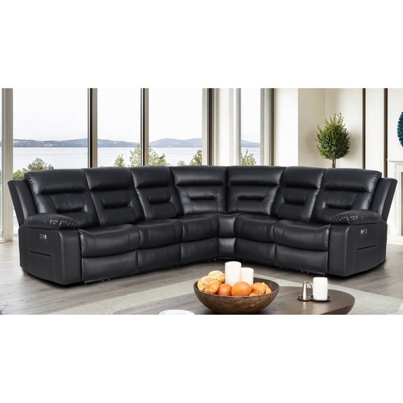 Ellesophas 6-Seat Power Reclining Sectional Sofa, Faux Leather Modular Couch with Footrest & USB Ports, Living Room Furniture Set, Black