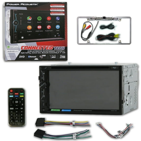 Power Acoustik CPAA-70D 2 Din 7" DVD CD Stereo Bluetooth W/ Apple Carplay & Android Auto with DCO Full License Plate Night Vision Waterproof Back-up Camera