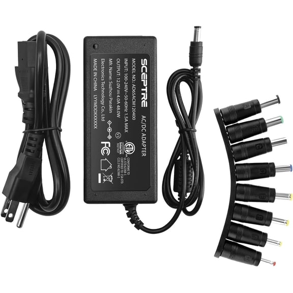 Power Adapter 12V-4A 3A 2.5A 2A 1.25A 1A AC/DC 5.5x2.1mm with 8 Tips | Power Cord Made for Sceptre Monitor, Echo Smart Speaker & Display, Webcam, Router, Mini PC, CCTV, Bluetooth Speaker
