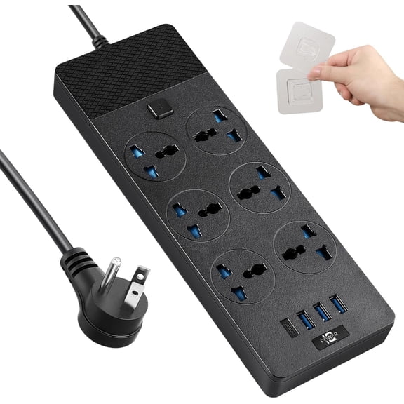 Power Adapter, 3000w Power Strip with 4 USB Ports (1 USB C), 6ft Extension Cord with International Outlets, 110-240v, European Travel Plug Adapter for Office Travel, Black