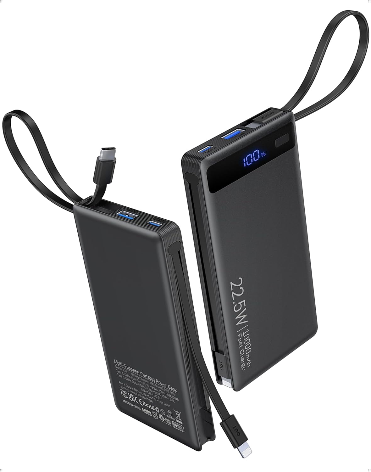 Power Bank with 2 Built-in Cables 10000mAh, 22.5W PD Slim Portable Charger USB C Battery Pack, Travel Essentials Fast Charging Powerbank Compatible with iPhone 17 16 15 14 Plus Pro Samsung iPad etc