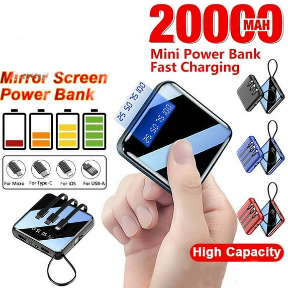 Power Bank, 20000mAh Mini Portable Mirror Power Bank Flashlight Design, for iOS/Micro/type-c/USB-A, Red