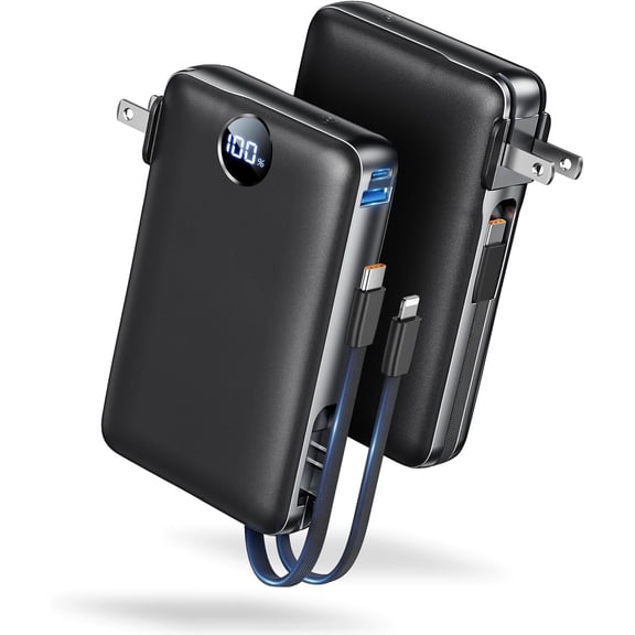 Power Bank, 50000 mAh Portable Charger with Built in Cable & Wall Plug, 22.5W Fast Charging, Travel Essential Battery Pack with LED Display for iPhone 17/16/15/14 Series, Galaxy, iPad Black