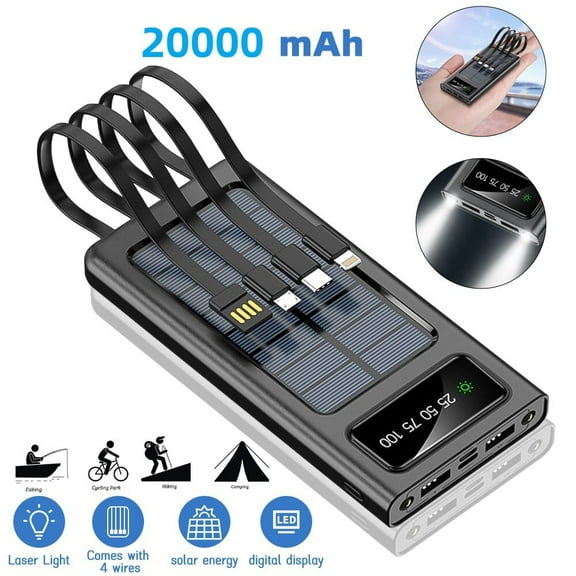 Power Bank,Kepeak 20000mAh Solar Portable Charger, Large Capacity Built in 3 Output and 1 Input Cables and Flashlight 5V2.1A Fast Charger Compatible with All Smart Phones and Devices