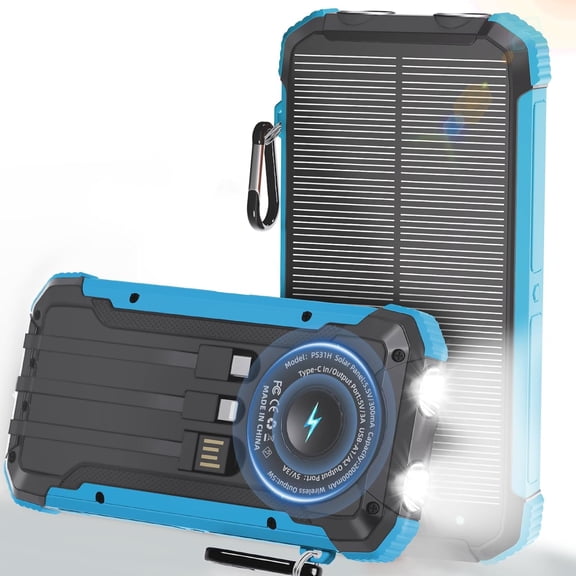 Power Bank Portable Solar Charger, Wireless Fast Charging Battery Pack, 20000mAh Capacity USB-C Input, 6 Outputs, Dual LED Flashlight, USB Battery Pack for Cell Phone Camping Travel Emergency (Blue)