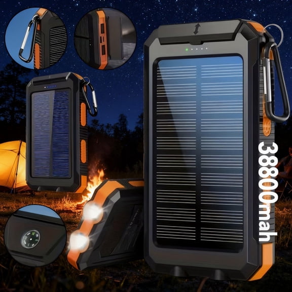 Power-Bank-Solar-Charger 38800mAh USB C & QC3.0 Fast Charging, Dual USB Port, Portable Power Bank with LED Flashlight for All Cell Phones & Electronic Devices, Outdoor Camping Travel