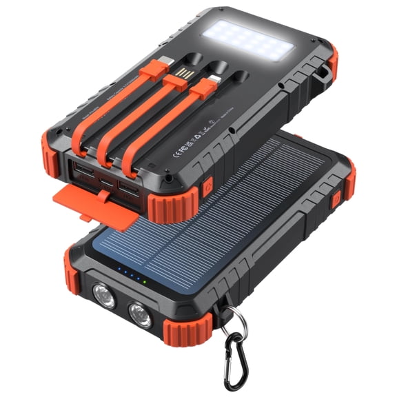 Power-Bank-Solar-Charger 45800mAh Fast Charging with 3 Built-in Cables LED Flashlight Portable External Battery Pack Compatible with All Smartphone, Tablet, Drone, Camera, etc.