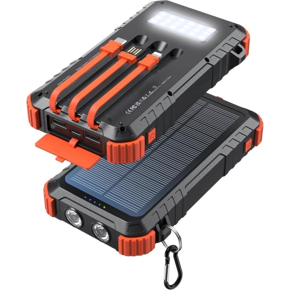 Power-Bank-Solar-Charger 45800mAh Fast Charging with 3 Built-in Cables LED Flashlight Portable External Battery Pack Compatible with iPhone, and-roid, Tablet, Drone, Camera