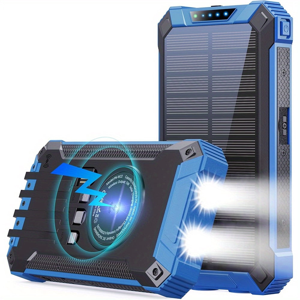 Power Bank Wireless Charger 20000mAh Built in 4 Cables Six Outputs 15W Fast Charging Power Bank for All Mobile Devices Three Inputs Solar Portable Charger with Dual Flashlights, Carabiner