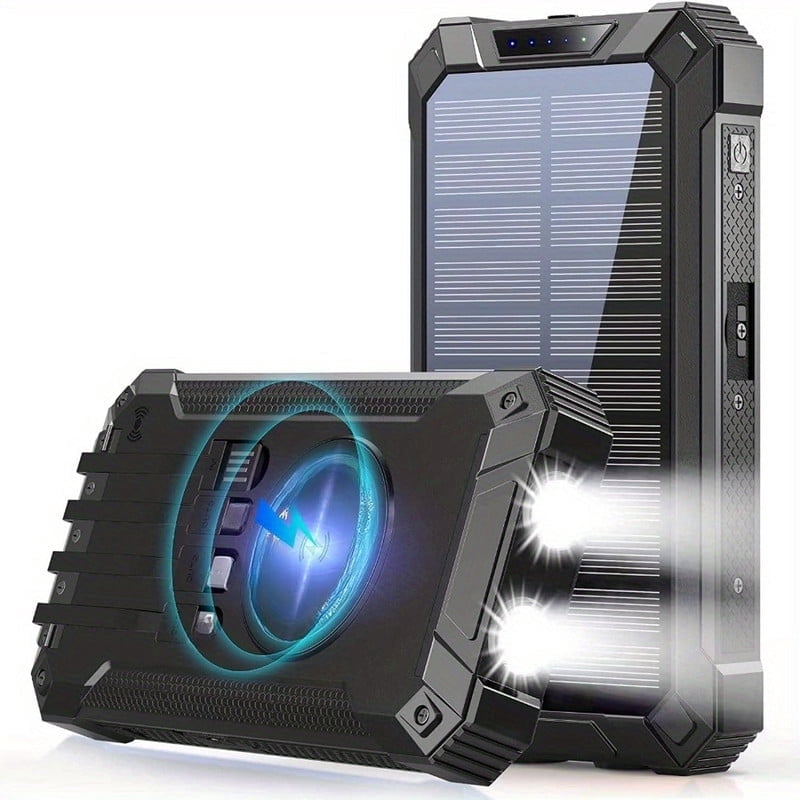 Power Bank Wireless Charger 20000mAh Built in 4 Cables Six Outputs 15W Fast Charging Power Bank for All Mobile Devices Three Inputs Solar Portable Charger with Dual Flashlights, Carabiner