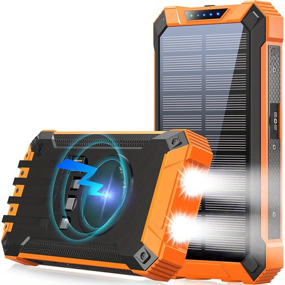 Power Bank Wireless Charger 20000mAh Built in 4 Cables Six Outputs 15W Fast Charging Power Bank for All Mobile Devices Three Inputs Solar Portable Charger with Dual Flashlights, Carabiner