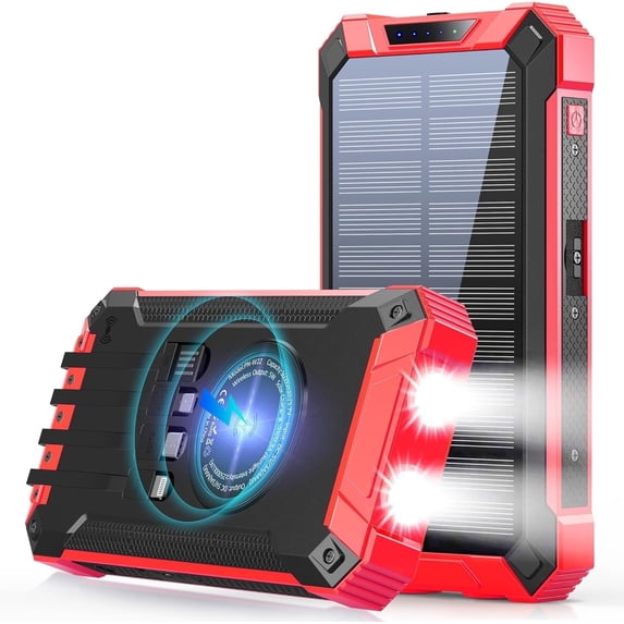 Power Bank Wireless Charger 46800mAh Built in 4 Cables Six Outputs 15W Fast Charging Power Bank for All Mobile Devices Three Inputs Solar Portable Charger with Dual Flashlights, Carabiner(Red)