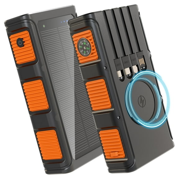 Power Bank Wireless Charger 68800mAh Built in Hand Crank and 4 Cables 15W Fast Charging Power Bank 7 Outputs & 4 Inputs Solar Portable Charger, SOS/Strobe/Strong Flashlights, Compass(Orange)
