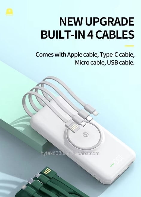 Power Bank with Built in Cables 20000mAh Wireless Charger Fast Charging Large Capacity White