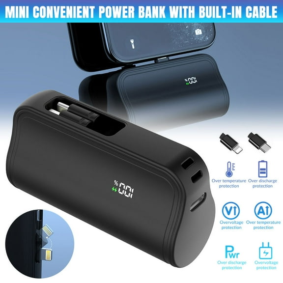Power Bank with Built-in USB-C Connector, 5,000mAh Portable Charger for iPhone 16/15 Series, Samsung, iPad Pro/Air, etc.