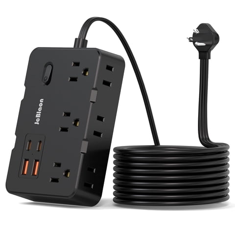 Power Bars with Surge Protector Extension Power Cord Flat Plug 5 ft with 6 AC Outlets 2 USB(2 USB C), 1050J Power Strip Multi Plug Outlet for Home, Office, College Dorm Room, Black