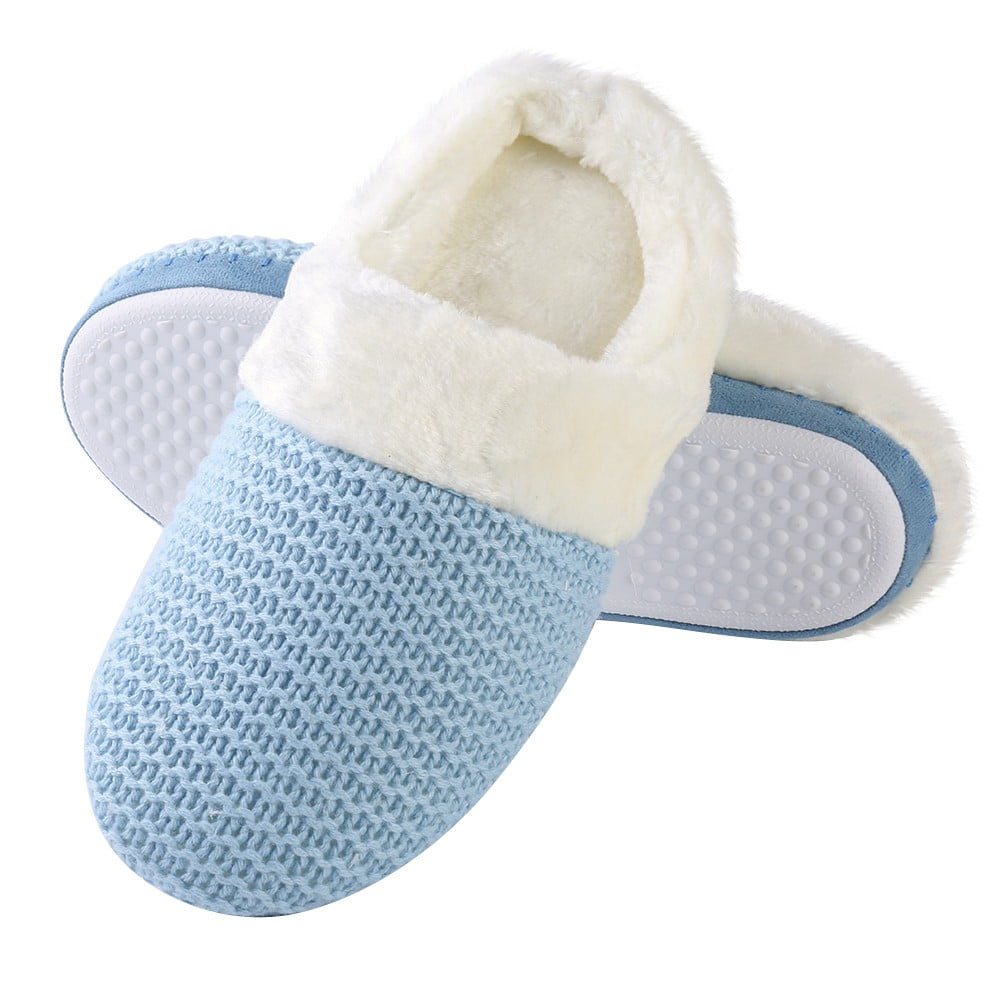 Power Blue Womens Warm Winter Slippers Cozy Cable Knit Memory Foam House Slipper Clog Shoes with Fuzzy Plush Collar for Women
