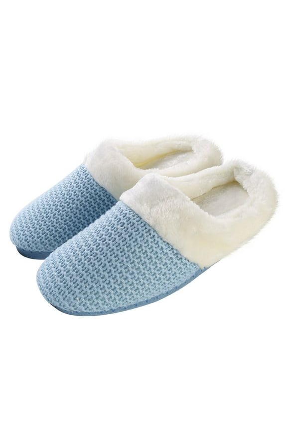 Power Blue Womens Warm Winter Slippers Cozy Cable Knit Memory Foam House Slipper Clog Shoes with Fuzzy Plush Collar for Women
