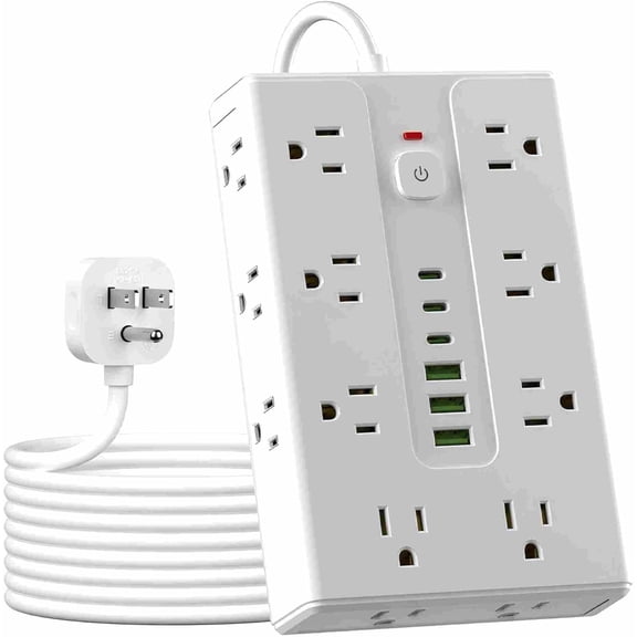 Power Board Surge Protector with 16 sockets, Equipped with 3 USB A and 3 USB C Ports, Suitable for Various Devices, Including Home, Office, and Dormitory (white6.5T)