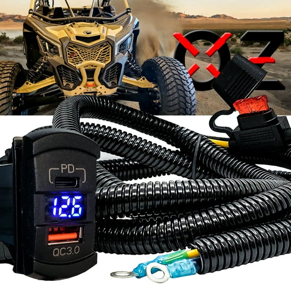 Power Bus Bar Harness Dual Fast Charge USB Port QC 3.0 USB-C PD with Digital Voltmeter Compatible with Can-Am Maverick X3 RS Turbo Commander Defender