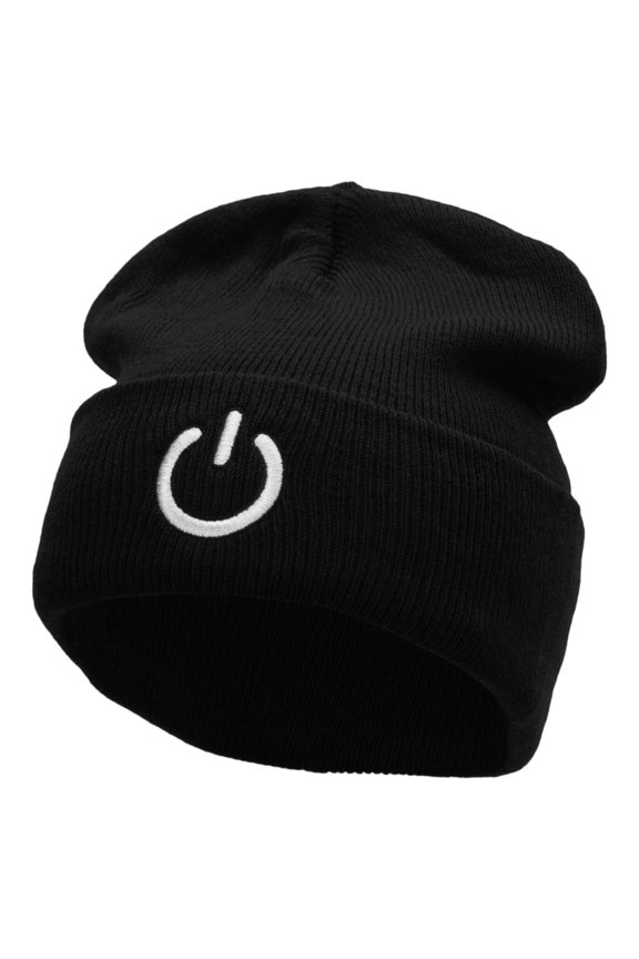 Power Button Embroidered 12 Inch Long Knitted Beanie - Black OSFM