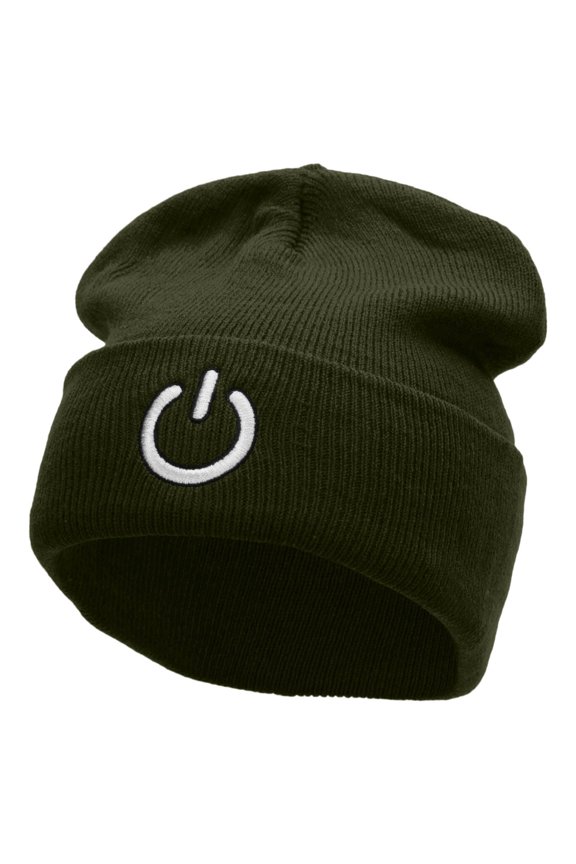 Power Button Embroidered 12 Inch Long Knitted Beanie - Olive OSFM