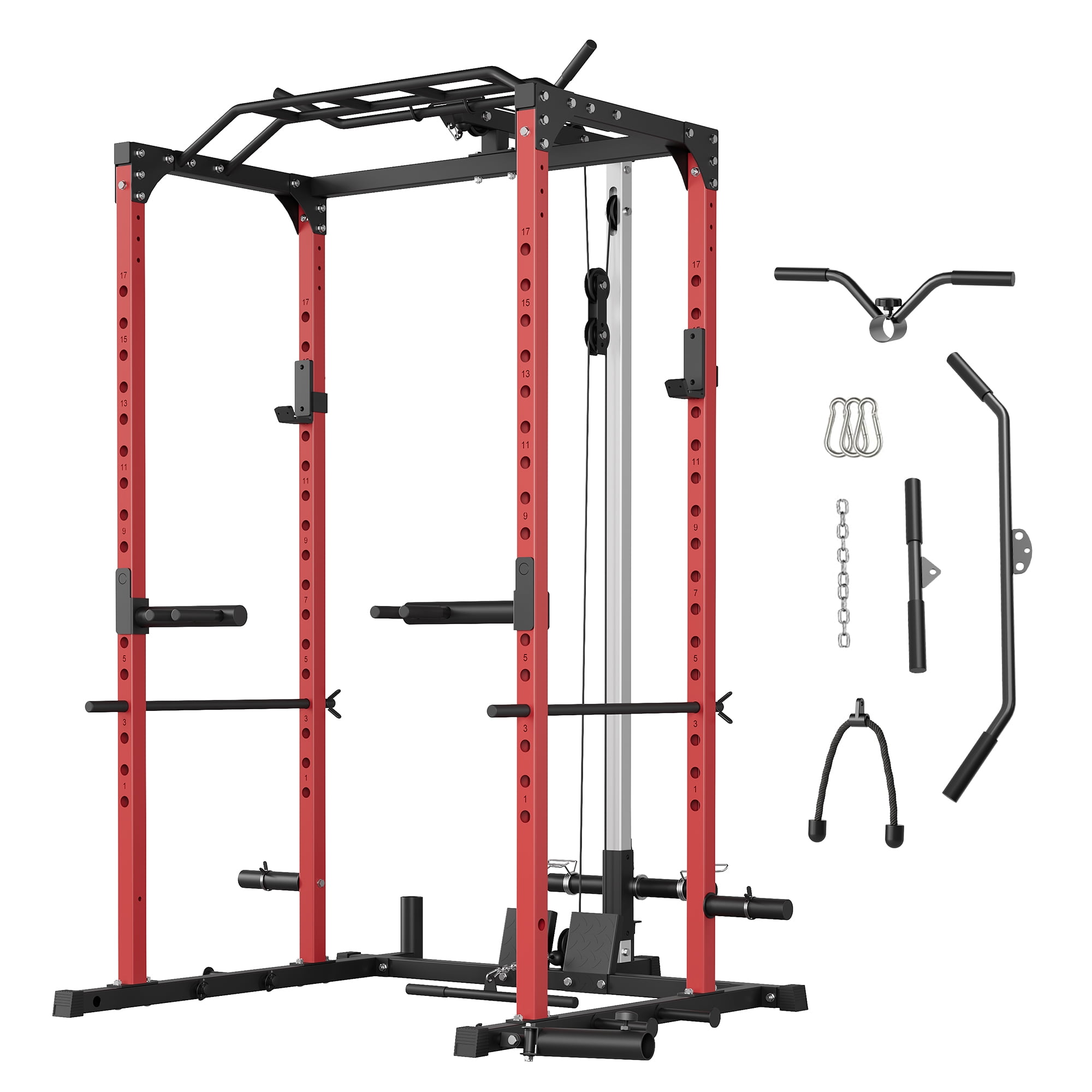 Power Cage, 1200lbs Weight Capacity, Multi-Function Squat Rack with Optional Pulley System, Dip Handles and Training Attachments for Home Gym