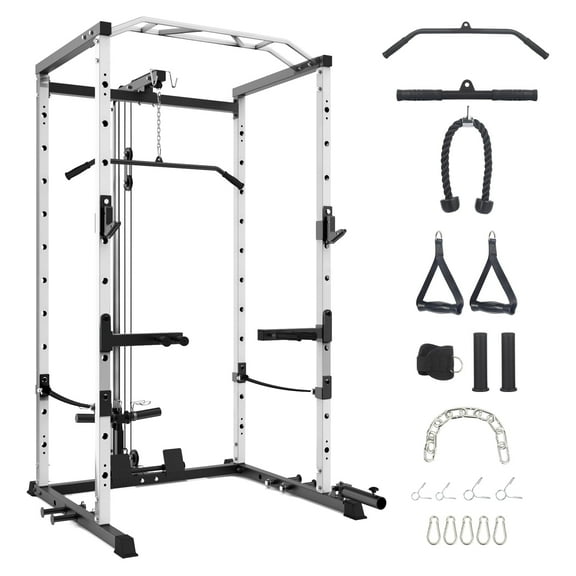 Power Cage,1600lbs Multi-Function Power Rack with Adjustable Cable Crossover System and More Training Attachment, Weight Cage for Home Gym, Black White