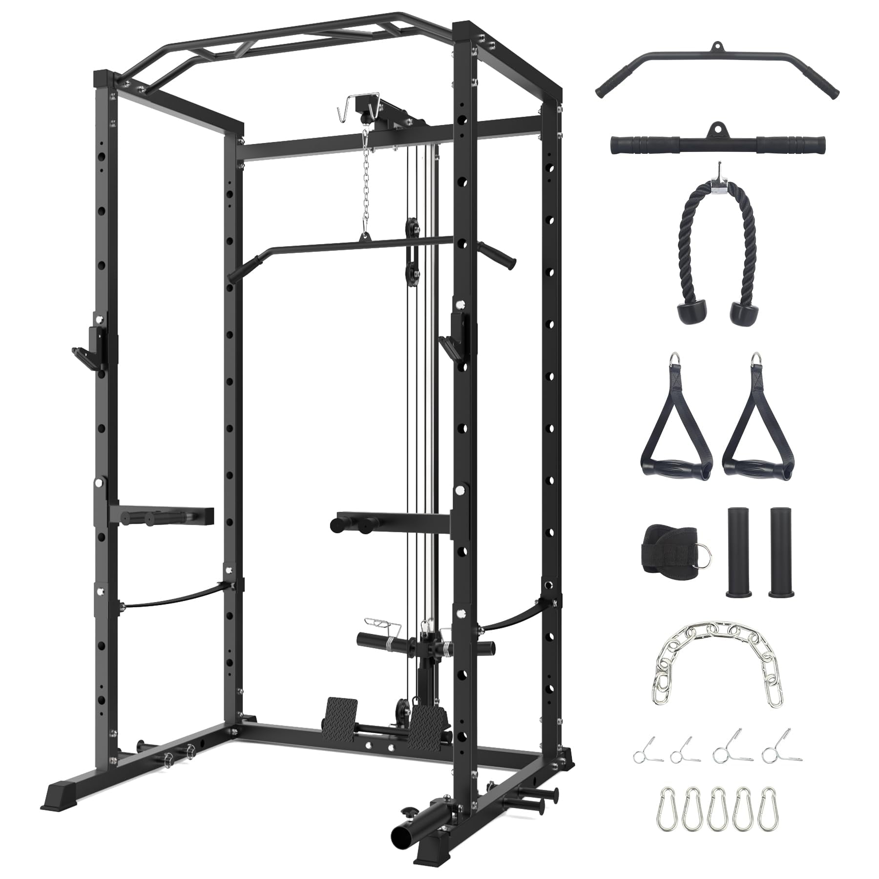 Power Cage,1600lbs Multi-Function Power Rack with Adjustable Cable Crossover System and More Training Attachment, Weight Cage for Home Gym, Black
