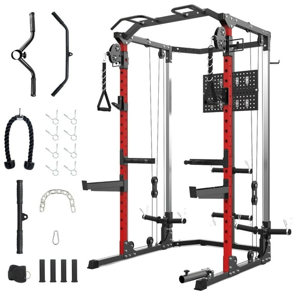 Power Cage, 2000 LBS Squat Rack with LAT Pulldown, Multifunctional Weight Cage with Cable Crossover System, Workout Cage for Home Gym, Red