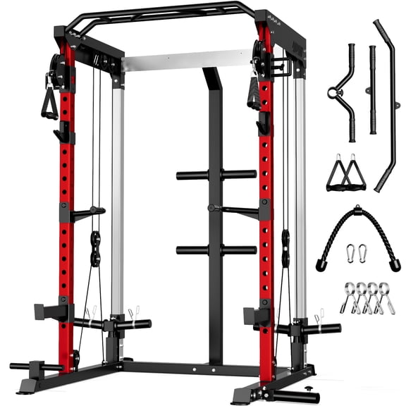 Multi-Function Power Rack Cage,2000lbs Dual Pulley Cable Crossover Machine with J Hooks, Dip Bars & Landmine for Home Gym