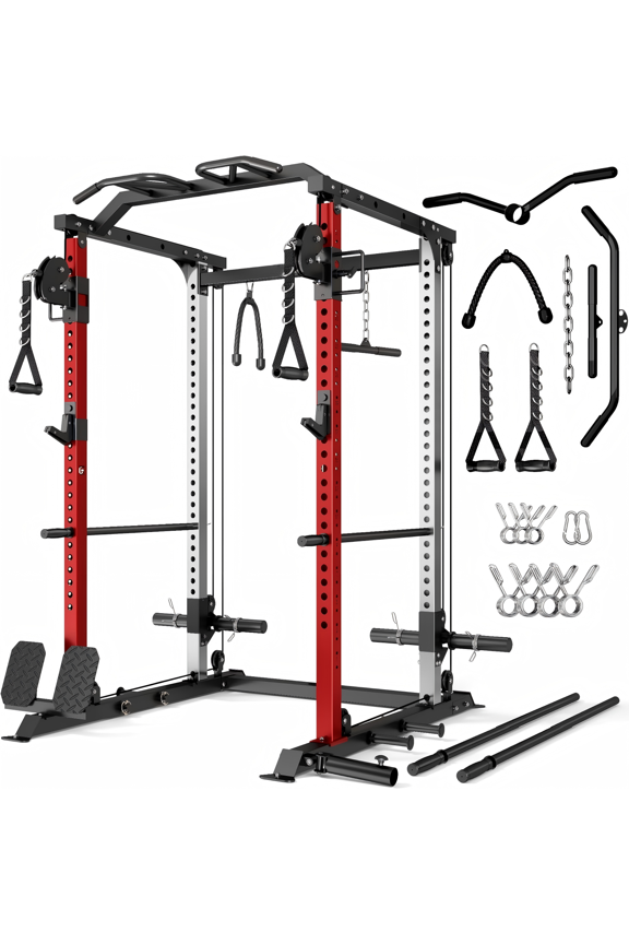 Power Cage, 2000LBS Space Saving All-in-One Design, Cable Crossover and Dual Independent Pulley System, Heavy Duty Full Body Workout Cage with Complete Training Attachments for Home Gym
